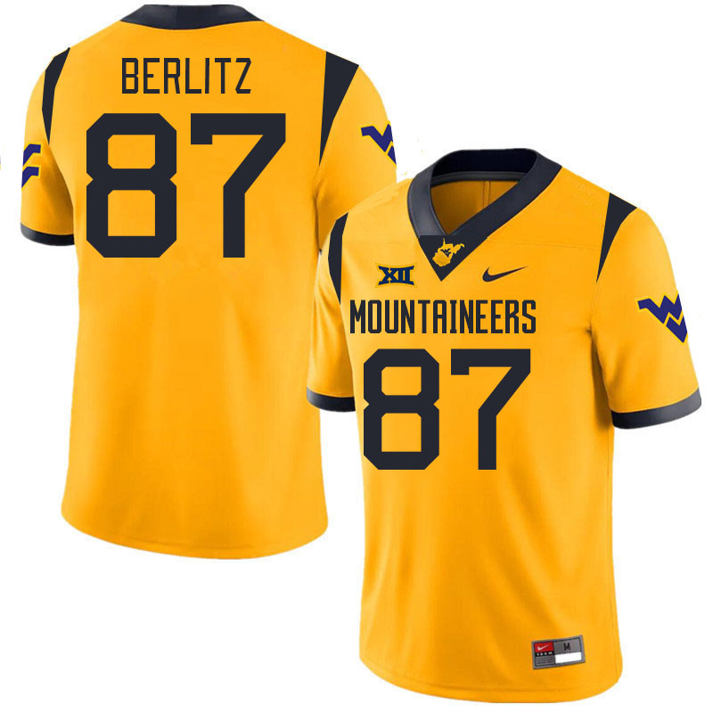 #87 Derek Berlitz West Virginia Mountaineers College 2024 New Uniforms Football Jerseys Stitched Sale-Gold